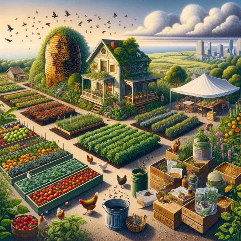 A vibrant illustration of a homestead expanding its sustainable practices, featuring an enlarged garden, a new beehive, chickens, a composting bin, and hints at income opportunities.