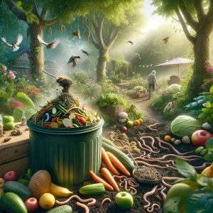 A lush garden scene centered around a compost bin filled with green waste, fruit peels, and brown materials, surrounded by thriving plants and active wildlife, showcasing the benefits of composting.