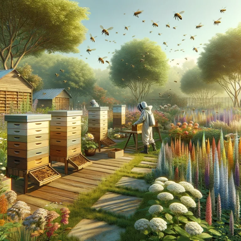 A serene and busy garden showcasing beekeeping as a key to sustainability, with wooden hives among blooming flowers and a beekeeper tending to the hives.