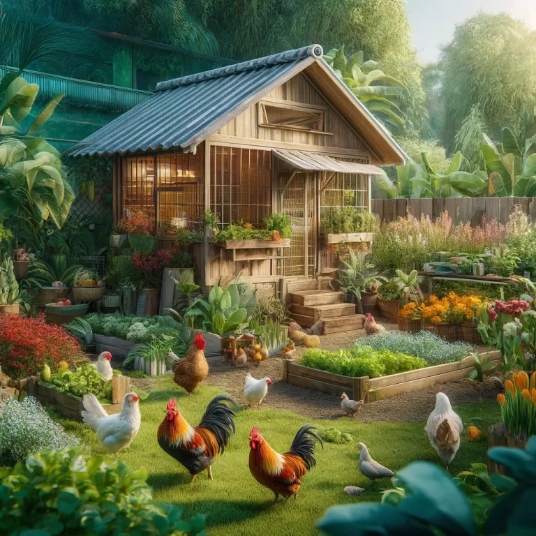 A colorful backyard garden scene with a well-constructed chicken coop and a variety of chickens foraging and interacting, illustrating sustainable small livestock farming.